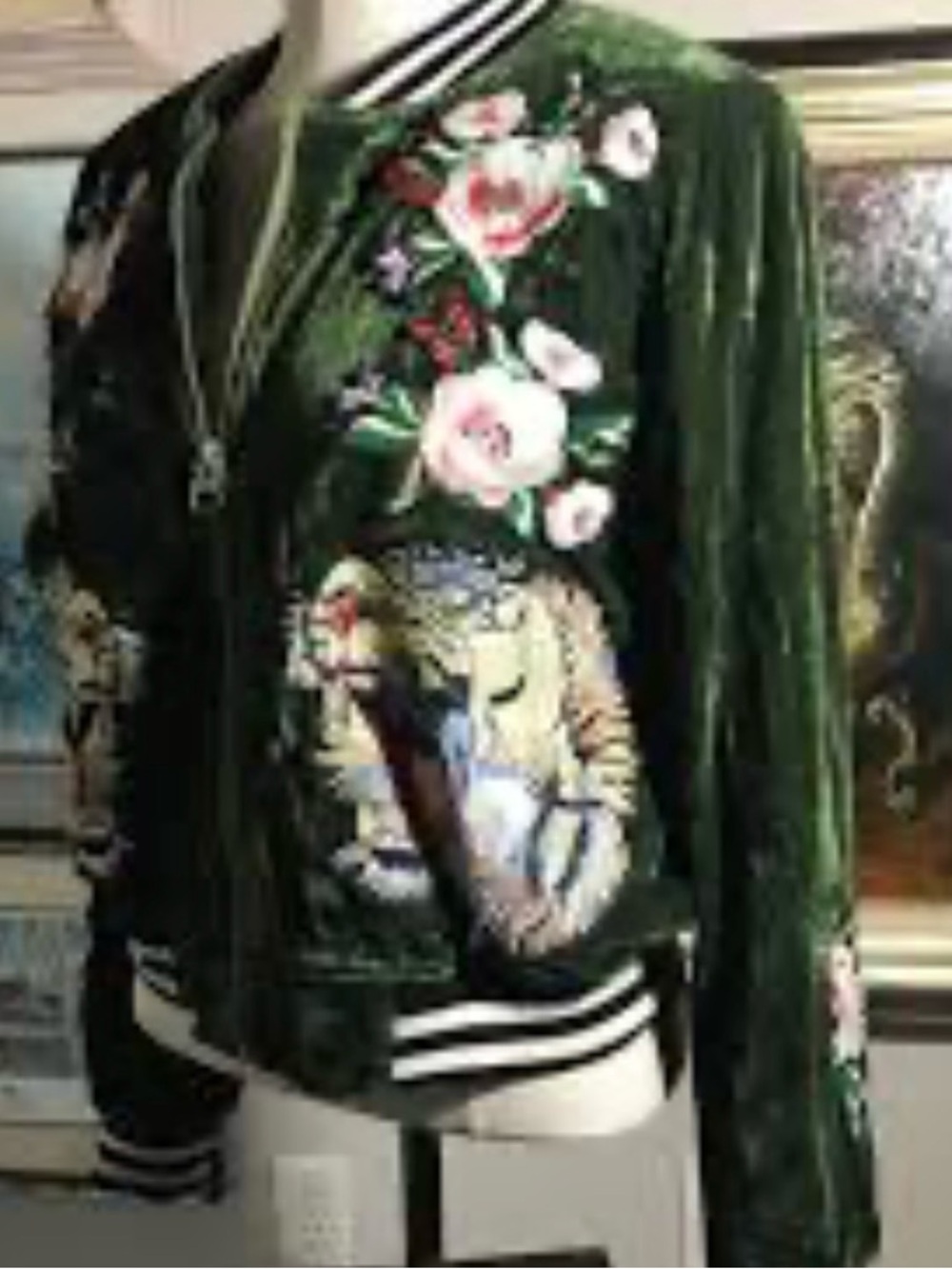 Embroidered Velvet Bomber Jacket - Olive Green Vintage Y2K - Picture 10 of 10
